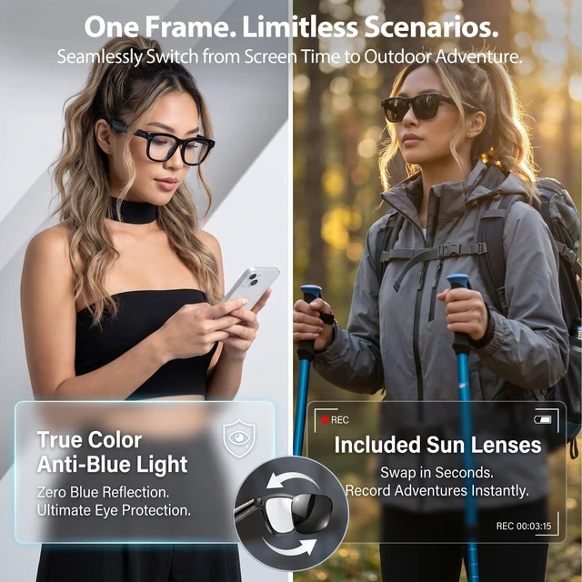 Alt view image 2 of 7 - AI Smart Glasses, 4K Camera, Translation, ENC Bluetooth Calls 8MP, EIS POV Video, AI Vision Assistant, Transcription, Open-Ear Audio, Anti-Blue Light+Sun Lenses, Premium Box, Office/Drive