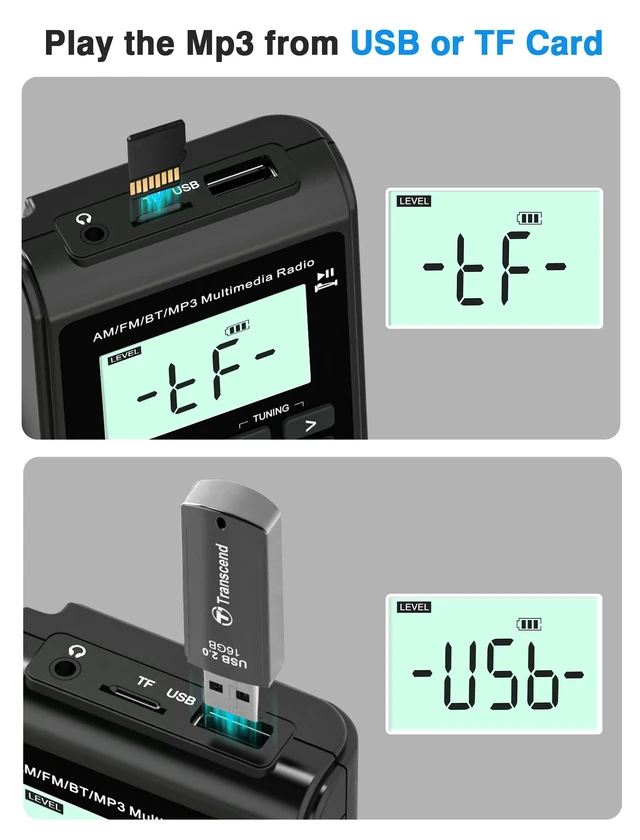 Alt view image 7 of 7 - Bluetooth Radio with AM FM Earphone Output & Bluetooth Speaker Mode Rechargeable Battery With Best Reception,5W Big Speaker,LCD Screen,Earphone Jack,Support SD Card and USB for Jogging