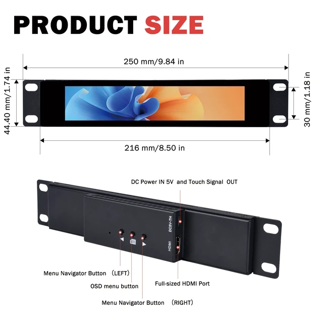Alt view image 2 of 7 - 6.91 inch 1424x280 LCD Touch Screen 1U Rack Mount Monitor for DeskPi RackMate T0/T1/T2/T0 Plus/T1 Plus/TL1/T1/2 Plus Server Cabinet and 10 inch Server Rack