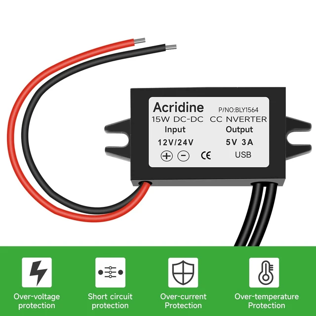 Alt view image 4 of 7 - 2-Pack 12V 24V DC to 5V 3A USB Female DC Converter Adapter Buck Module