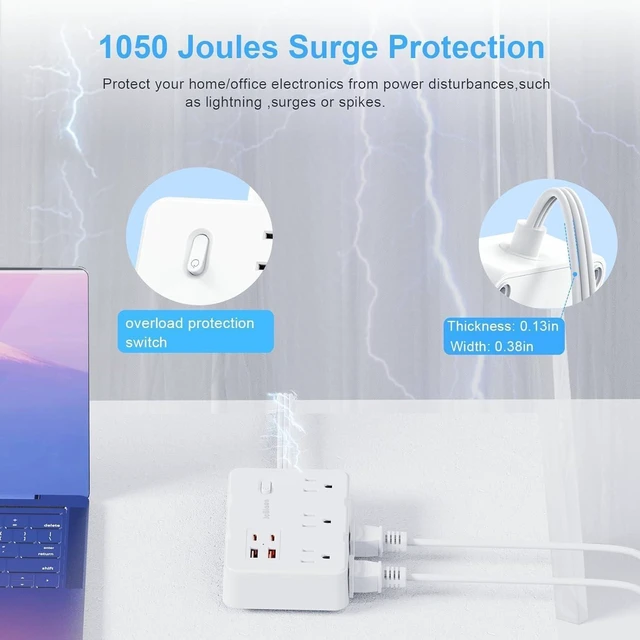 Alt view image 4 of 7 - Power Strip Surge Protector, 5 Ft Cord Ultra Thin Flat Extension Cord-6 AC Outlets 4 USB Ports (2 USB C), Travel Power Strip, Desk Charging Station for Home Office, White