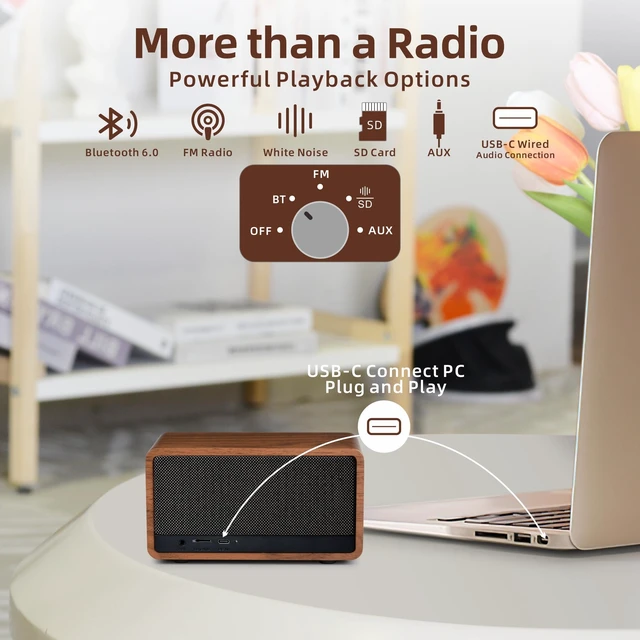 Alt view image 5 of 7 - Retro FM Bluetooth Radio Speaker for Office Kitchen Home Desk Decor Excellent Sound, Good Reception, Compact size, Built in White Noise, Built in 2600mah Rechargeable Battery