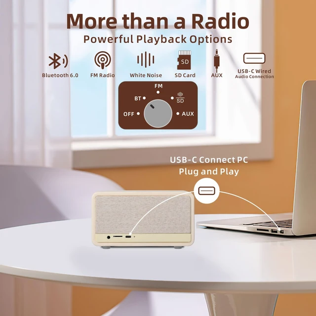 Alt view image 4 of 7 - Vintage Portable Radio with Bluetooth Speaker for Home Office Decor Excellent Sound, Good Reception, Compact size, Built in White Noise, Built in 2600mah Rechargeable Battery