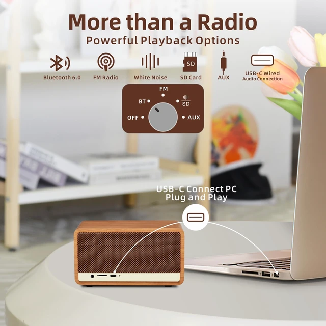 Alt view image 4 of 7 - Vintage FM Radio Bluetooth Speaker for Home Office Kitchen Decor Excellent Sound, Good Reception, Compact size, Built in White Noise, Built in 2600mah Rechargeable Battery