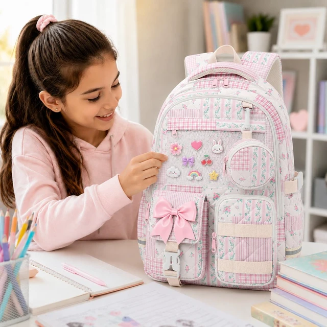 Alt view image 2 of 7 - Quilted Backpack for Girls with Mesh Display Pocket Cute Kawaii Floral School Bookbag for Pins, Badges, Plushies, Teen Girls Daily Trave 17.5 (Pink Floral Patchwork, M)