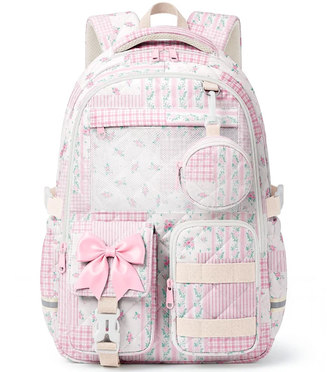 Main image of Quilted Backpack for Girls with Mesh Display Pocket Cute Kawaii Floral School Bookbag for Pins, Badges, Plushies, Teen Girls Daily Trave 17.5 (Pink Floral Patchwork, M)