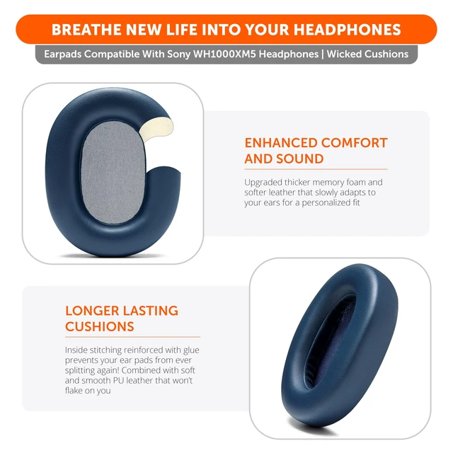 Alt view image 4 of 7 - PadZ XM5 - Premium Replacement Earpads Compatible with Sony WH-1000XM5 Made by Wicked Cushions Soft PU Leather, Extra Thick, Noise-Isolating Memory Foam Blue