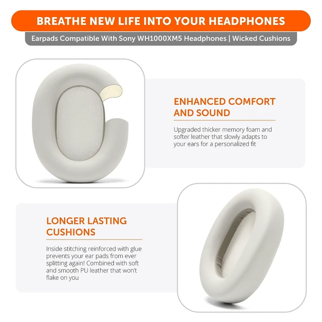 Alt view image 4 of 7 - PadZ XM5 - Premium Replacement Earpads Compatible with Sony WH-1000XM5 Made by Wicked Cushions Soft PU Leather, Extra Thick, Noise-Isolating Memory Foam Silver