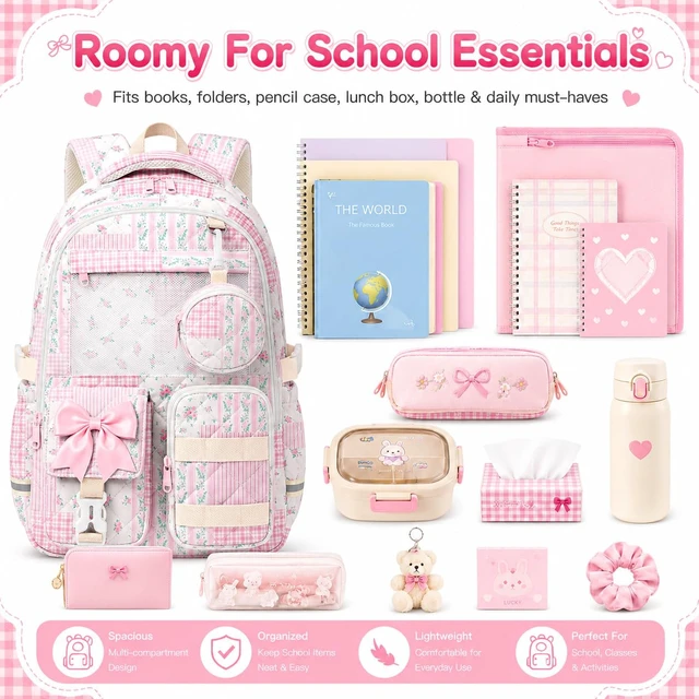 Alt view image 5 of 7 - Quilted Backpack for Girls with Mesh Display Pocket Cute Kawaii Floral School Bookbag for Pins, Badges, Plushies, Teen Girls Daily Trave 17.5 (Pink Floral Patchwork, M)