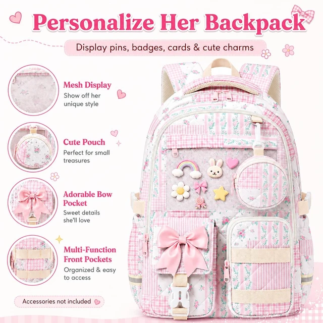 Alt view image 4 of 7 - Quilted Backpack for Girls with Mesh Display Pocket Cute Kawaii Floral School Bookbag for Pins, Badges, Plushies, Teen Girls Daily Trave 17.5 (Pink Floral Patchwork, M)