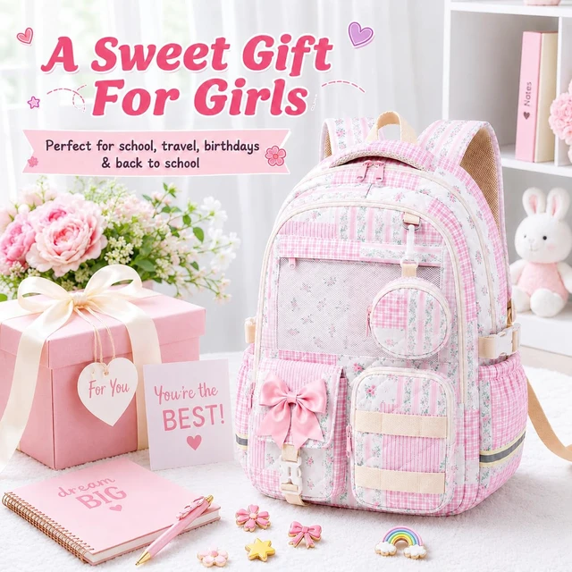 Alt view image 7 of 7 - Quilted Backpack for Girls with Mesh Display Pocket Cute Kawaii Floral School Bookbag for Pins, Badges, Plushies, Teen Girls Daily Trave 17.5 (Pink Floral Patchwork, M)