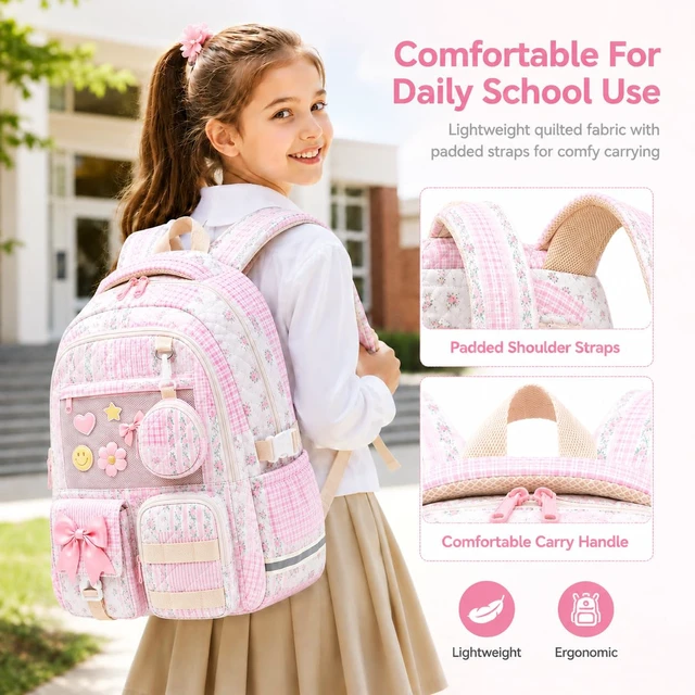 Alt view image 6 of 7 - Quilted Backpack for Girls with Mesh Display Pocket Cute Kawaii Floral School Bookbag for Pins, Badges, Plushies, Teen Girls Daily Trave 17.5 (Pink Floral Patchwork, M)