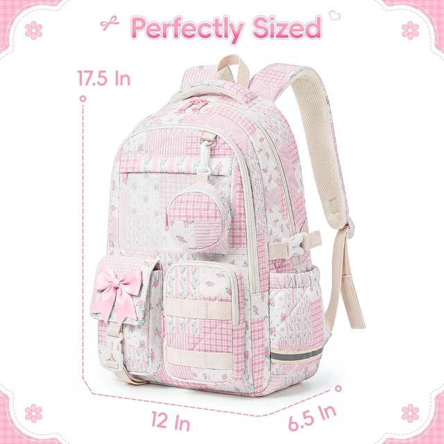 Alt view image 3 of 7 - Quilted Backpack for Girls with Mesh Display Pocket Cute Kawaii Floral School Bookbag for Pins, Badges, Plushies, Teen Girls Daily Trave 17.5 (Pink Floral Patchwork, M)