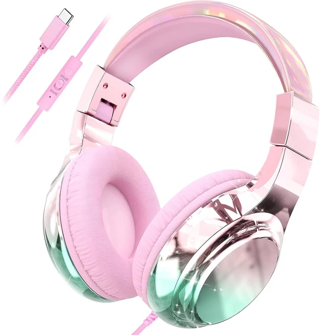Main image of USB C Kids Wired Headphones with Mic, 85/94dB Safe Volume Limit Kids headphones with cord, foldable on-ear fit, tangle-free, sharing port for school, Chromebook, tablet, travel, boys girls