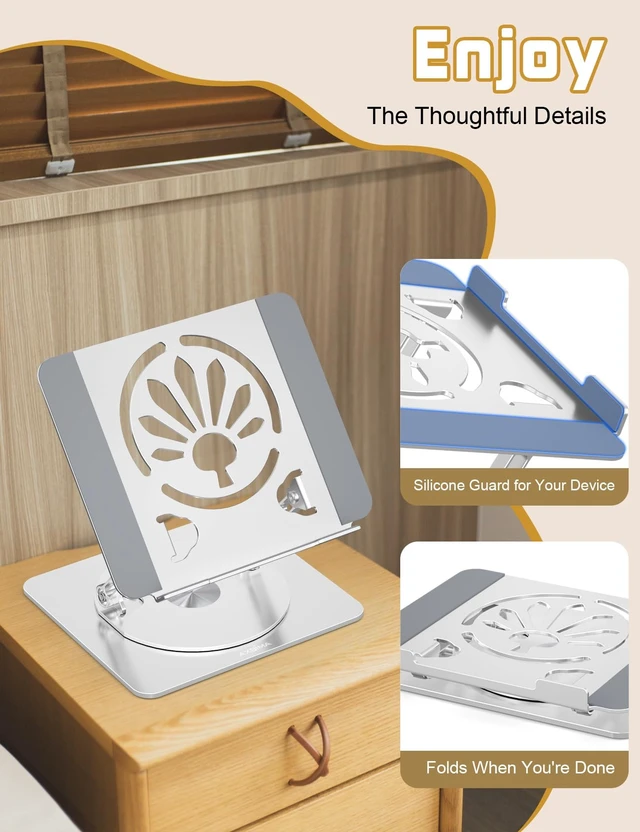 Alt view image 4 of 7 - Adjustable Rotating Laptop Stand for Desk, Aluminum Riser, Silver Ergonomic Viewing Height, Stable Aluminum, Fits MacBook Pro/Air, Dell, HP & Lenovo Laptops up to 16", Ideal for Home & Office
