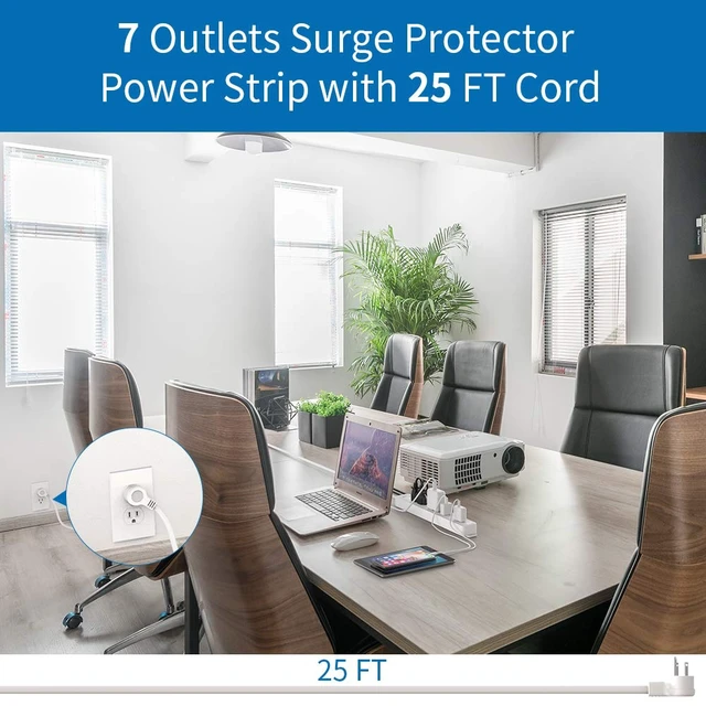 Alt view image 2 of 7 - Extension Cord 25 ft, Long Surge Protector, 15A Heavy Duty Extension Cord, Wall Mount, 7 Outlets Power Strip Flat Plug for Kitchen Home Office Workbench, White, 1080 J