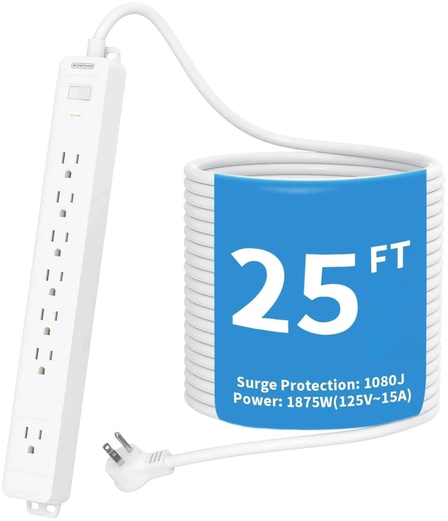 Main image of Extension Cord 25 ft, Long Surge Protector, 15A Heavy Duty Extension Cord, Wall Mount, 7 Outlets Power Strip Flat Plug for Kitchen Home Office Workbench, White, 1080 J