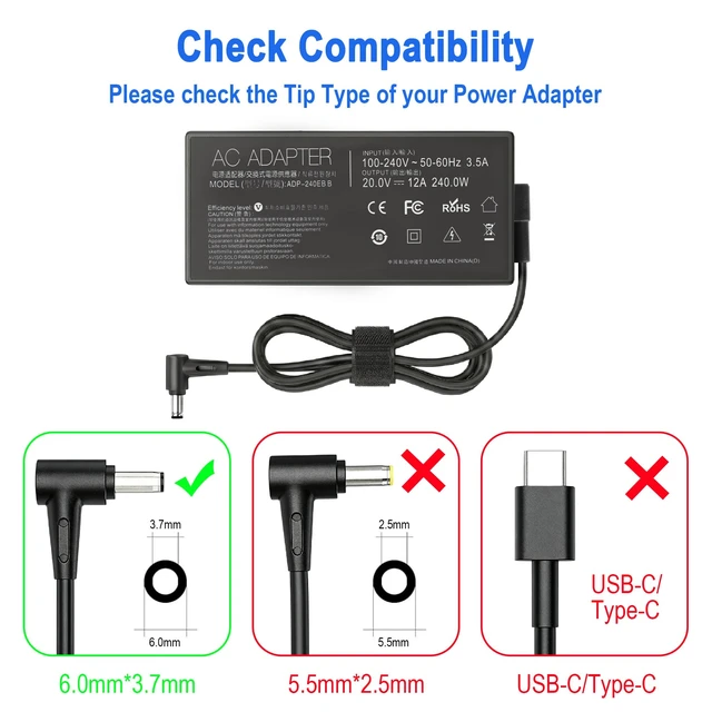 Alt view image 3 of 7 - 240W Gaming Laptop Charger for ASUS ROG Zephyrus TUF Strix Series 6.0x3.7mm Replacement Power Adapter Fit G14 G15 G16 M16 TUF A15 F15 F17 A17 Strix G15 G17 G16 Scar 15 17 laptop ac adapter