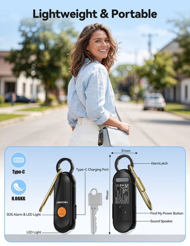 Alt view image 5 of 7 - Personal Safety Alarm, 130dB Rechargeable Alarm Keychain with LED Flashlight, Apple Find My Bluetooth Tracker, Safe Self Defense Alarm Emergency SOS for Women Students & Night Running
