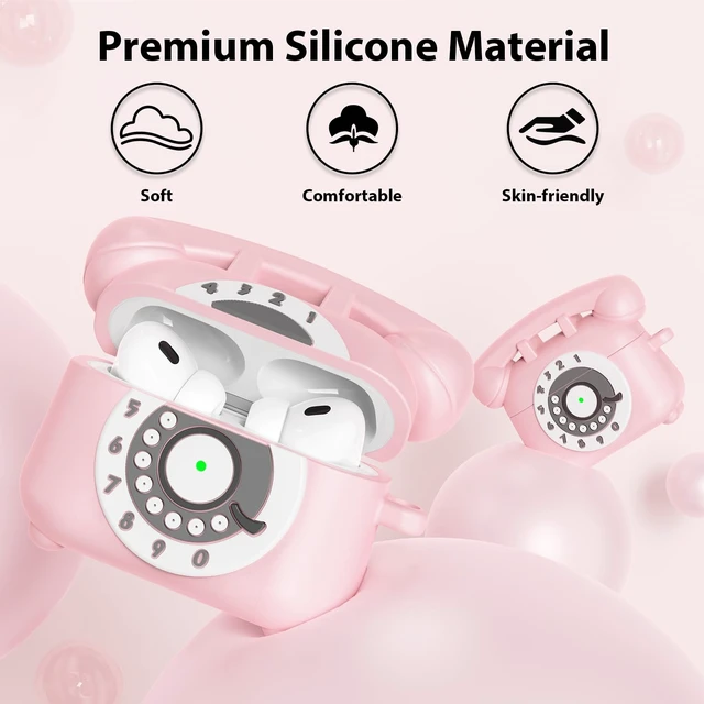 Alt view image 4 of 7 - for AirPods Pro 2nd/1st Generation Case Cover with Cleaner Kit & Lanyard, Cute Funny Telephone Design Silicone Protective Case for AirPods Pro 2 - Pink