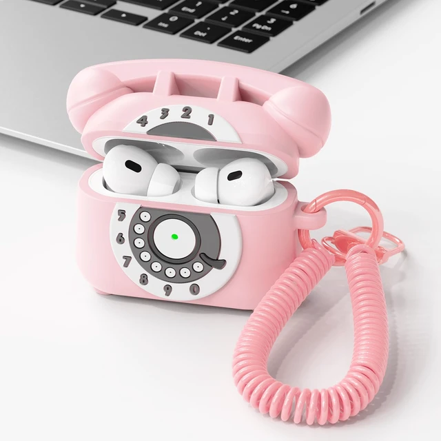Alt view image 6 of 7 - for AirPods Pro 2nd/1st Generation Case Cover with Cleaner Kit & Lanyard, Cute Funny Telephone Design Silicone Protective Case for AirPods Pro 2 - Pink