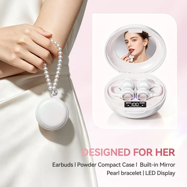 Alt view image 2 of 7 - Open Ear Clip On Earbuds Wireless Headphones with Mirror(White) BT 6.0 80H Playtime,IPX5 Waterproof,Touch Control All-Day&Comfort Ideal Pearl chain for Women,Sports,Workouts and Daily Use