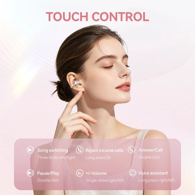 Alt view image 4 of 7 - Open Ear Clip On Earbuds Wireless Headphones with Mirror(White) BT 6.0 80H Playtime,IPX5 Waterproof,Touch Control All-Day&Comfort Ideal Pearl chain for Women,Sports,Workouts and Daily Use