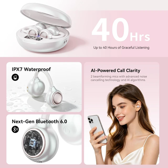 Alt view image 6 of 7 - Open Ear Clip On Earbuds Wireless Headphones with Mirror(White) BT 6.0 80H Playtime,IPX5 Waterproof,Touch Control All-Day&Comfort Ideal Pearl chain for Women,Sports,Workouts and Daily Use