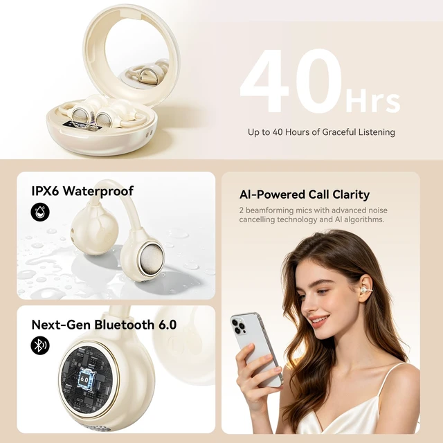 Alt view image 6 of 7 - Open Ear Clip On Earbuds Wireless Headphones with Mirror(Skin) BT 6.0 80H Playtime,IPX5 Waterproof,Touch Control All-Day&Comfort Ideal Pearl chain for Women,Sports,Workouts and Daily Use