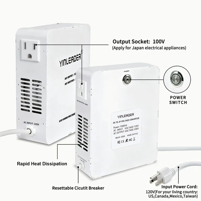 Alt view image 2 of 6 - 1000W US 120V to 100V JP Japan Voltage Converter Step Down Transformer Ideal for Japanese Turntable/Rice Cooker/Mochi Maker/Player/Cassette Deck/Heater/dehumidifier, etc.(White)