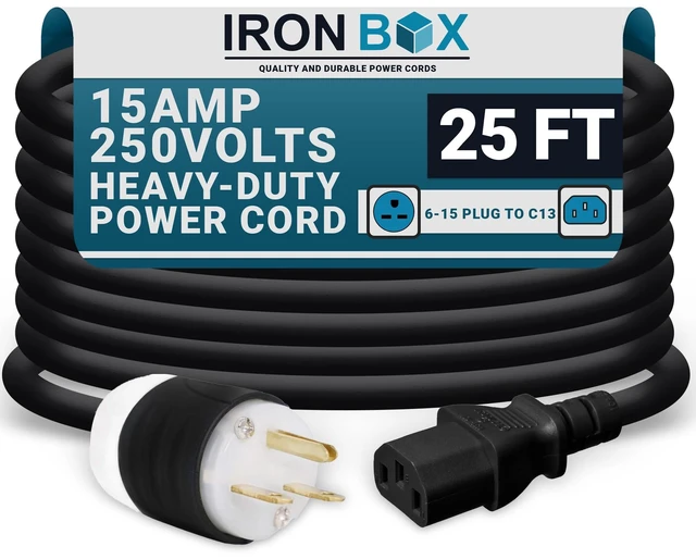 Main image of IronBox Electric NEMA 6-15 Plug to C13 Connector Power Cords - 15A/250V - 14/3 AWG - Power Supply Replacement Cable - UL Listed Heavy Duty Cord for Monitor, Computer, TV & More (25 ft, Build)