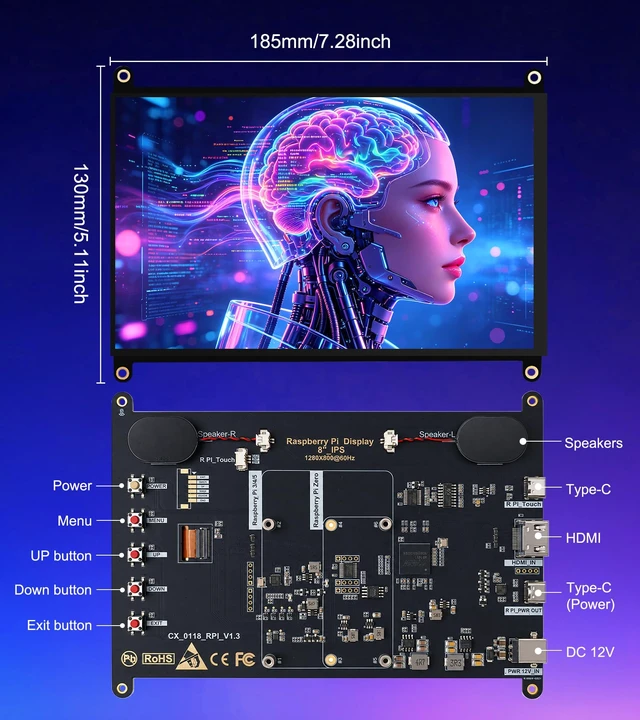 Alt view image 2 of 7 - 8 inch Touchscreen Monitor for Raspberry Pi 5/4/Zero 2 W (Inky) 1280 * 800 Resolution,10 Point Touch,178° Visual Angle,16:10,Dual Speaker,400cd/m² Brightness,10001,60Hz Refresh Rate