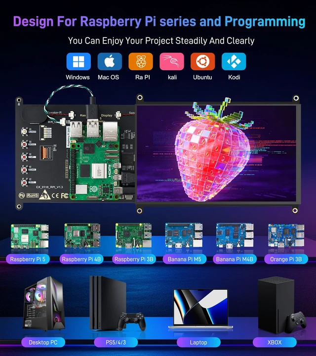 Alt view image 5 of 7 - 8 inch Touchscreen Monitor for Raspberry Pi 5/4/Zero 2 W (Inky) 1280 * 800 Resolution,10 Point Touch,178° Visual Angle,16:10,Dual Speaker,400cd/m² Brightness,10001,60Hz Refresh Rate