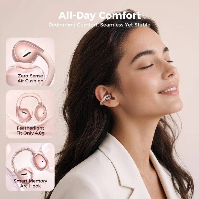 Alt view image 2 of 7 - Open Ear Clip-On Earbuds with 42H Playtime & Digital LED Display Comfortable Air Cushion, Wireless Bluetooth 6.0, Crystal-Clear Sound, IPX5, Secure Fit for Women, Commute/Work/Gym, Rose Gold