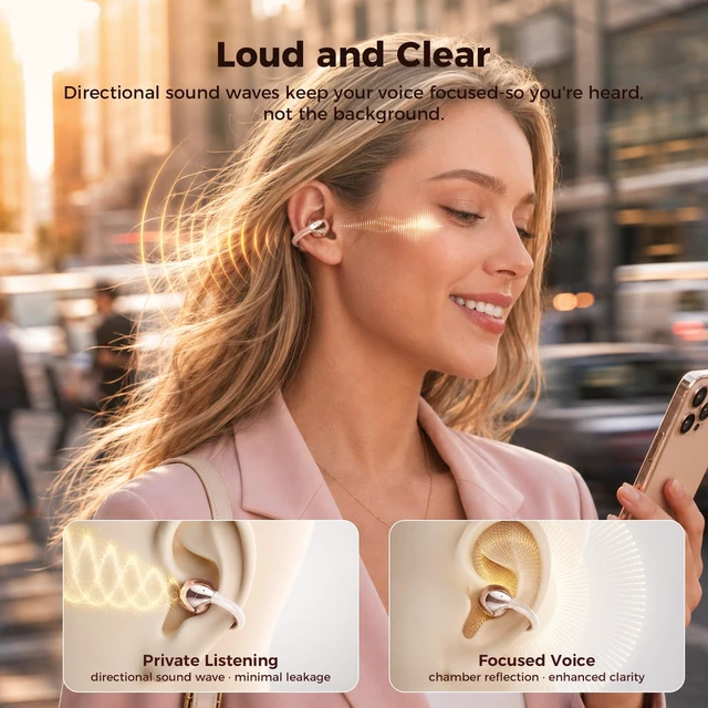 Alt view image 7 of 7 - Open Ear Clip-On Earbuds with 42H Playtime & Digital LED Display Comfortable Air Cushion, Wireless Bluetooth 6.0, Crystal-Clear Sound, IPX5, Secure Fit for Women, Commute/Work/Gym, Rose Gold