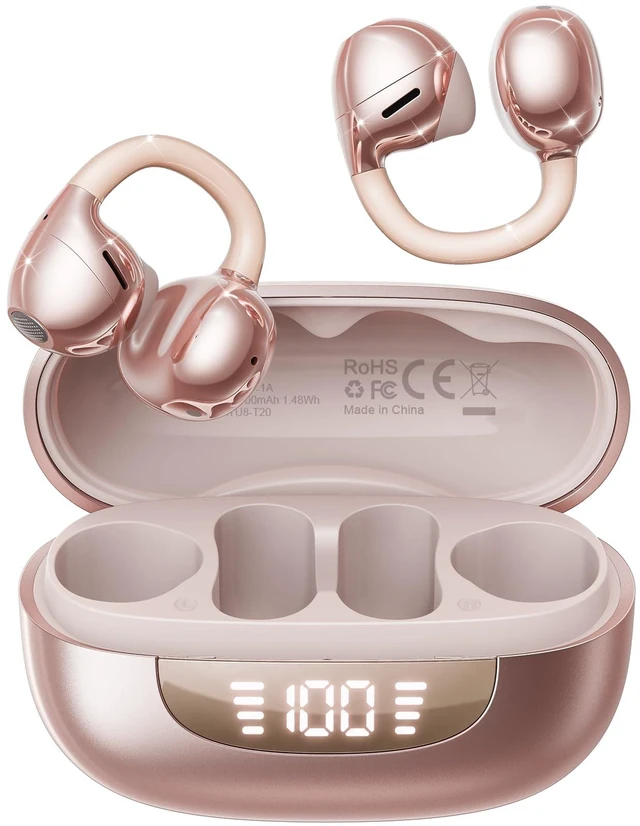 Main image of Open Ear Clip-On Earbuds with 42H Playtime & Digital LED Display Comfortable Air Cushion, Wireless Bluetooth 6.0, Crystal-Clear Sound, IPX5, Secure Fit for Women, Commute/Work/Gym, Rose Gold