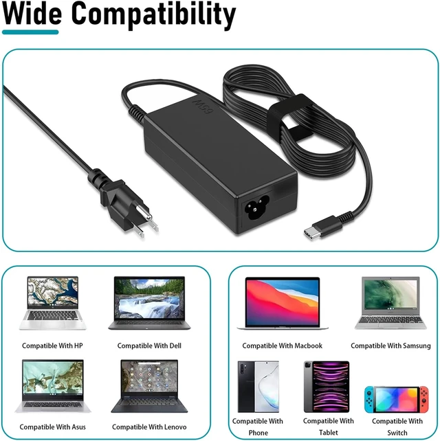Alt view image 3 of 7 - 65W USB C Laptop Charger Compatible with Lenovo Dell HP Acer Asus Compatible with MacBook Pro Air, Chromebook, Samsung, All USB-C Laptops & Devices Fast Charge Type C Power Adapter