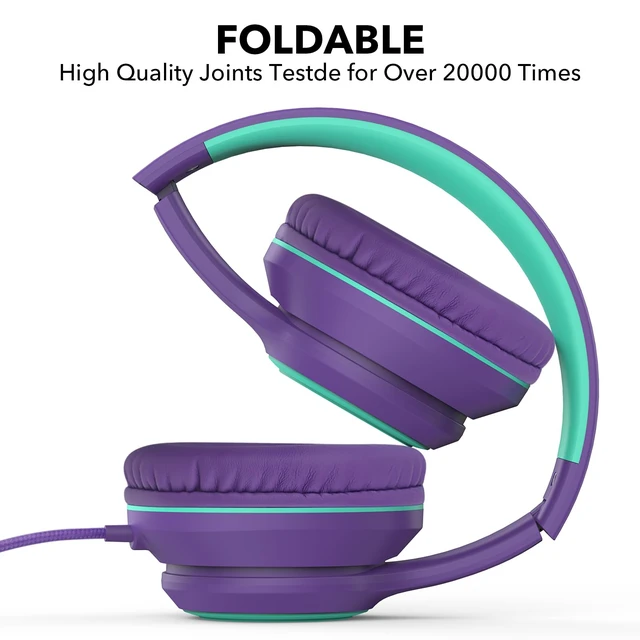 Alt view image 3 of 6 - A8 Wired Over-Ear Headphones with Microphone, Lightweight Folding Portable Headset with 1.5M No-Tangle Cord, 3.5mm Plug in Headphones for Smartphone Tablet Computer MP3 / 4 (Purple)