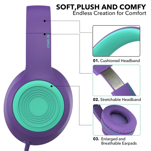 Alt view image 4 of 6 - A8 Wired Over-Ear Headphones with Microphone, Lightweight Folding Portable Headset with 1.5M No-Tangle Cord, 3.5mm Plug in Headphones for Smartphone Tablet Computer MP3 / 4 (Purple)