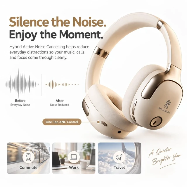 Alt view image 2 of 7 - Hybrid Active Noise Cancelling Headphones, Wireless Over Ear Bluetooth 50H Long ANC Playtime, Rotatable and Foldable, HiFi Audio Deep Bass, Customized EQ via APP, Transparency Mode