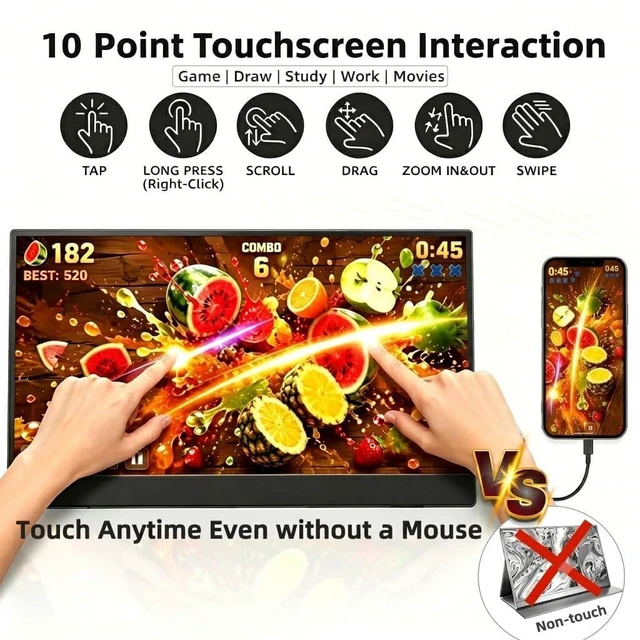 Alt view image 2 of 7 - 15.6'' Portable Monitor Touchscreen 10 Point 1080P IPS External Touchscreen Monitor for Laptop, USB-C HDMI Second Portable Screen Travel Monitor with 2 Speakers VESA for Mac Window PC Phone PS5Touch