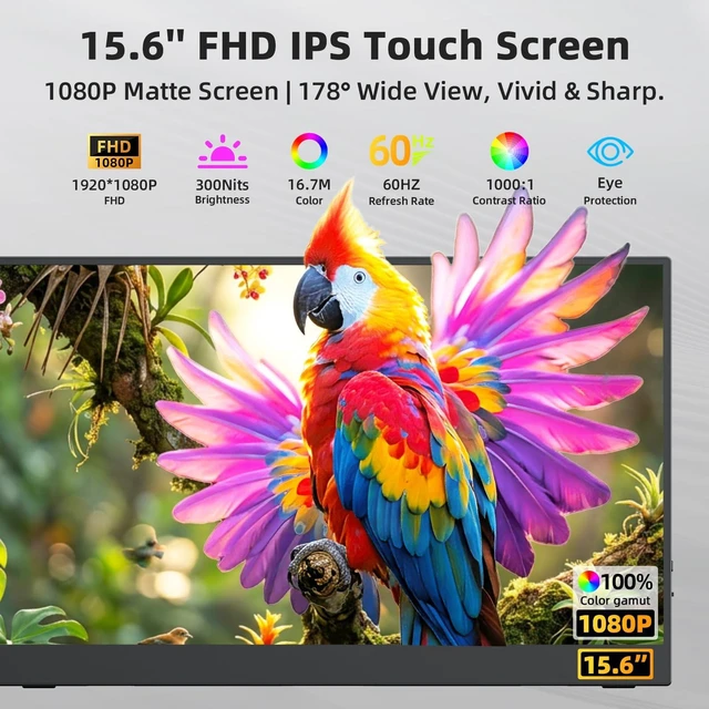 Alt view image 6 of 7 - 15.6'' Portable Monitor Touchscreen 10 Point 1080P IPS External Touchscreen Monitor for Laptop, USB-C HDMI Second Portable Screen Travel Monitor with 2 Speakers VESA for Mac Window PC Phone PS5Touch