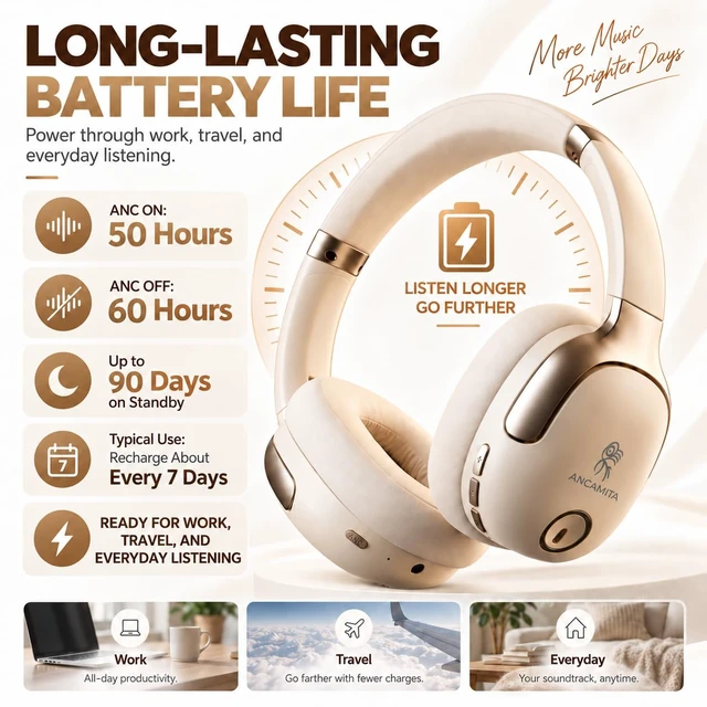 Alt view image 5 of 7 - Hybrid Active Noise Cancelling Headphones, Wireless Over Ear Bluetooth 50H Long ANC Playtime, Rotatable and Foldable, HiFi Audio Deep Bass, Customized EQ via APP, Transparency Mode
