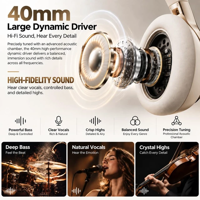 Alt view image 4 of 7 - Hybrid Active Noise Cancelling Headphones, Wireless Over Ear Bluetooth 50H Long ANC Playtime, Rotatable and Foldable, HiFi Audio Deep Bass, Customized EQ via APP, Transparency Mode