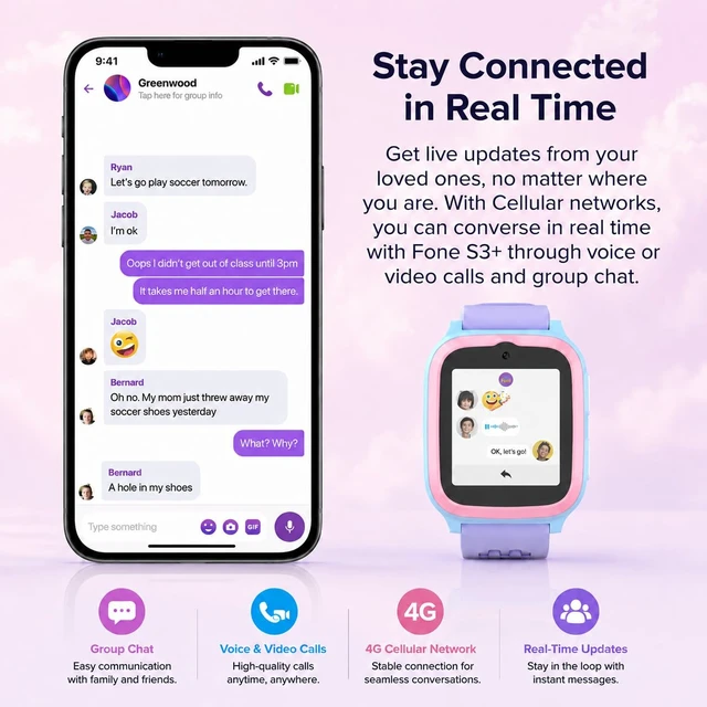 Alt view image 3 of 7 - Fone S3+ Kids Smart Watch 4G GPS Smartwatch for Kids, with eSIM Video Voice Call, 2MP Camera, GPS Tracking, Text, Waterproof eSIM Dual Band, Gift for Boys Girls Age 8-12 (Cotton Candy)
