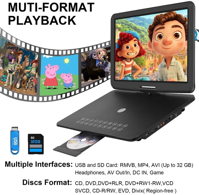 Alt view image 3 of 7 - 19.6" Portable DVD Player with 17.6 Large HD Screen, 4-5Hrs Play, DVD Player Portable with Dual Speaker, Last Memory, Support SYNC TV/USB/SD Card, Play All Discs Format, Black