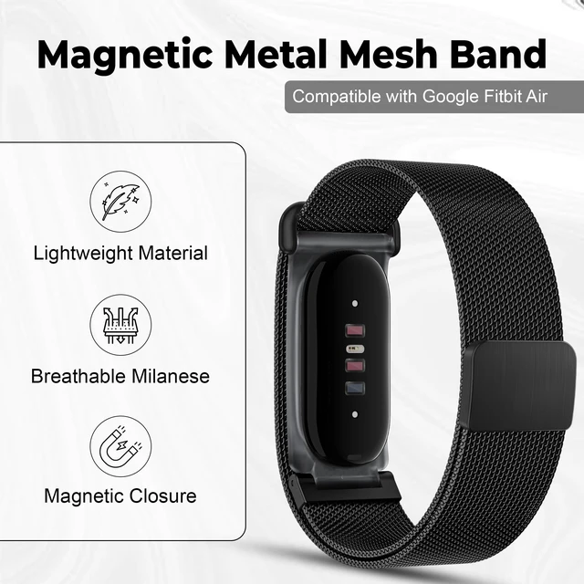 Alt view image 2 of 6 - Magnetic Metal Mesh Band Compatible with Google Fitbit Air, Adjustable Stainless Steel Milanese Loop Replacement Strap for Men and Women
