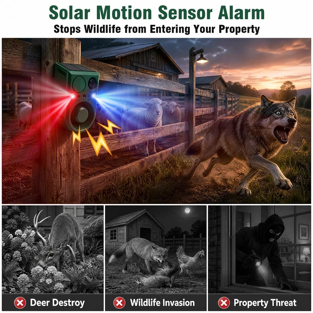Alt view image 2 of 7 - Solar Outdoor Motion Sensor Alarm with Dog Barking Alarm Sound, Support Recording and Adjustable Volume, 130db Loud Noise Maker 3 Work Modes Strobe Light for Home, Villa, Farm, Barn 2pack
