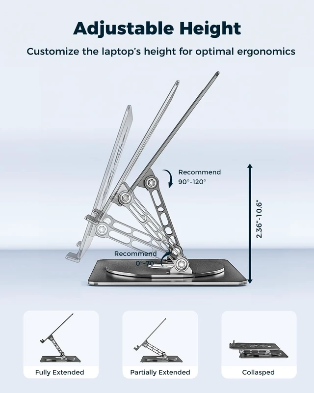 Alt view image 2 of 7 - 360° Rotating Laptop Stand for Desk Adjustable, Foldable, Portable Aluminum Ergonomic Riser Compatible with MacBook, Dell, HP & All Laptops 10-16 inch Black