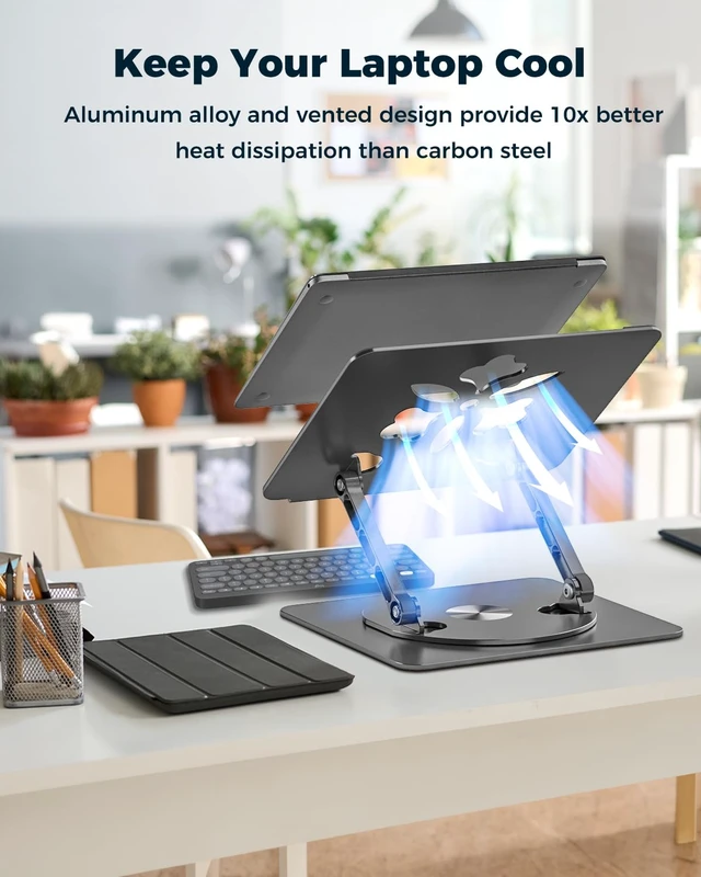 Alt view image 5 of 7 - 360° Rotating Laptop Stand for Desk Adjustable, Foldable, Portable Aluminum Ergonomic Riser Compatible with MacBook, Dell, HP & All Laptops 10-16 inch Black